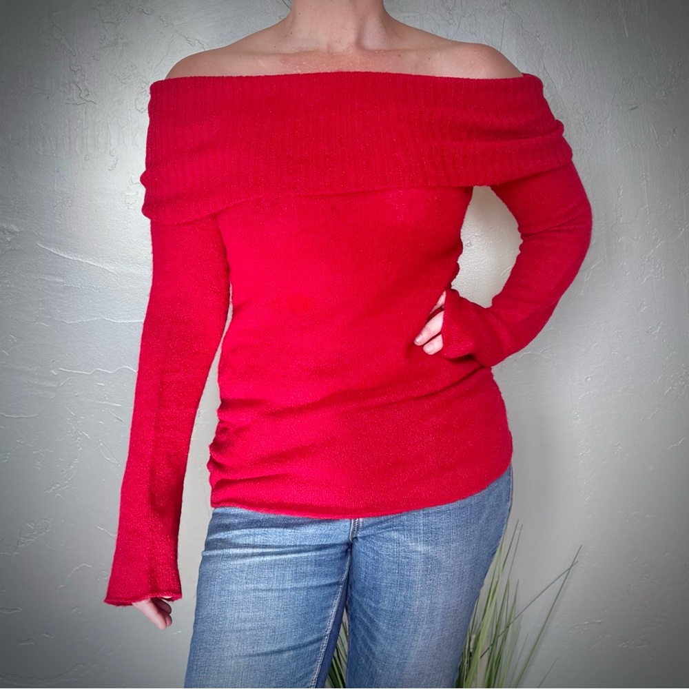 No Boundaries Vibrant Red Knit Cowl/Scoop Neck Sweater w/ Bell Sleeves & Ruching